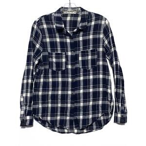 Chloe K Button Blue White Plaid Flannel Down Shirt Womens XS Peplum Pleated Back
